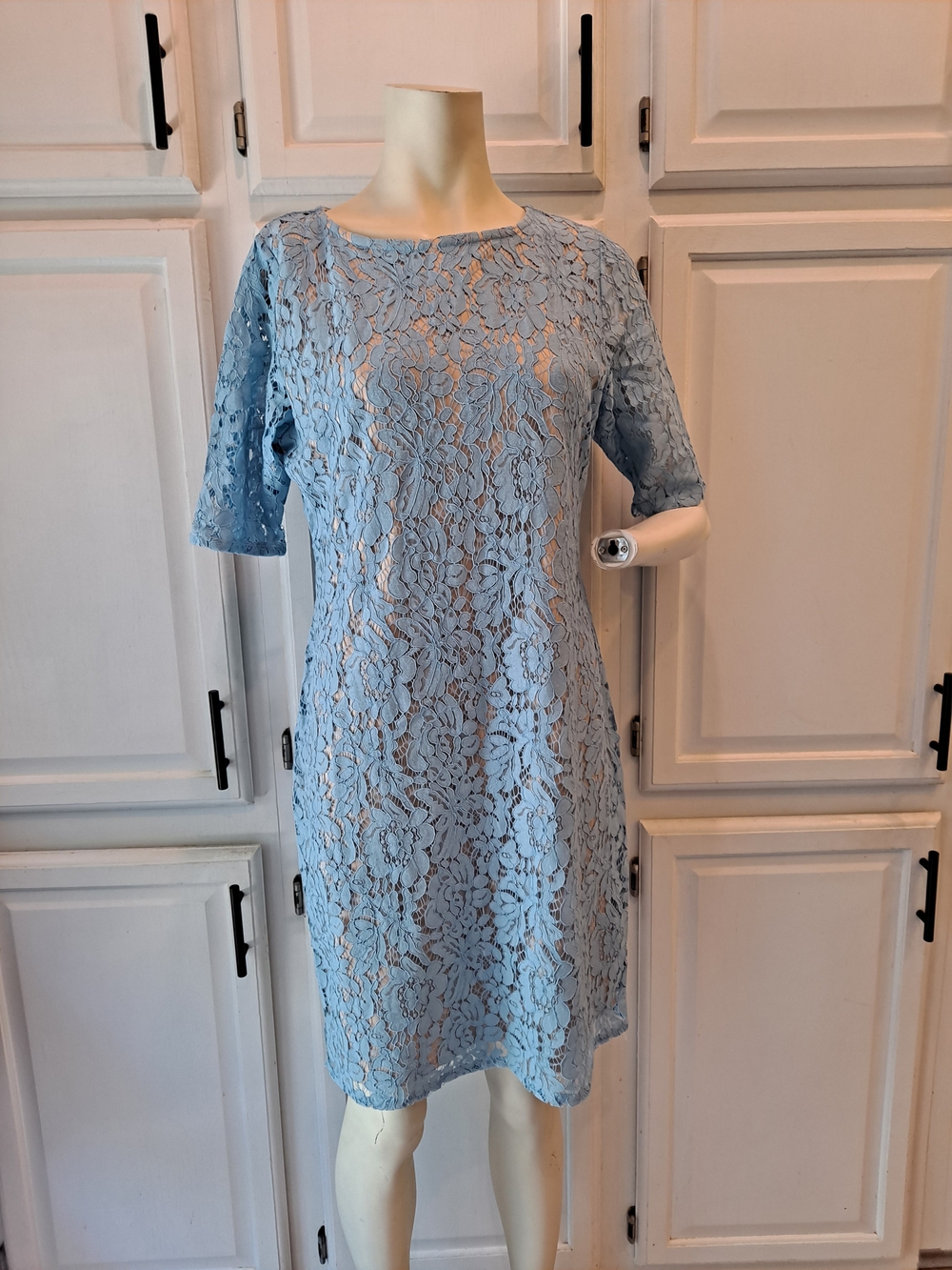 Nina Leonard Powder Blue Floral Lace Shift Dress Cocktail Wedding Party